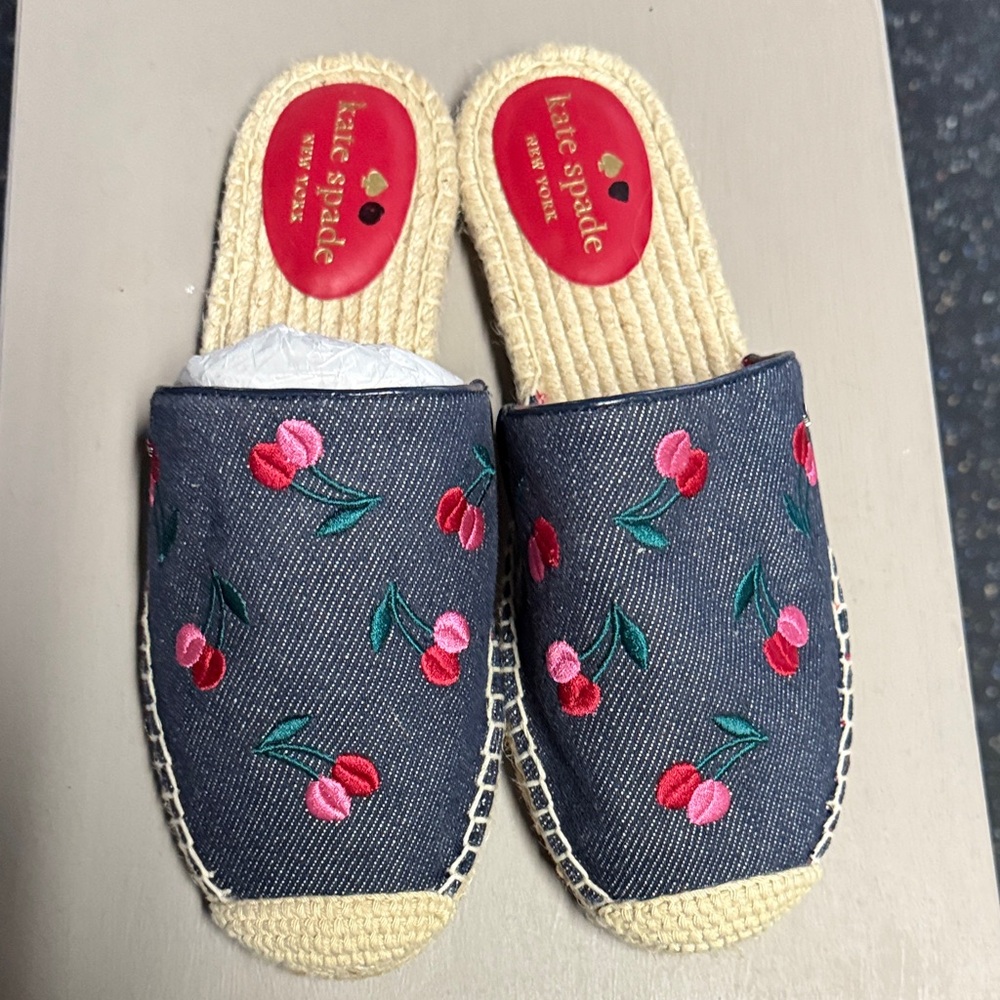 Kate Spade Denim Slippers with Cherry Embroidery